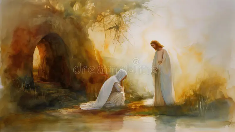 jesus appearing to mary magdalene outside empty tomb easter morning surrounded light ai generated 324860596